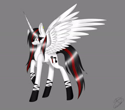 Size: 2612x2295 | Tagged: safe, artist:maneblue, oc, oc only, alicorn, pony, alicorn oc, coat markings, ear piercing, earring, female, gray background, high res, horn, jewelry, mare, piercing, raised hoof, signature, simple background, socks (coat markings), solo, wings