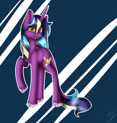 Size: 2395x2503 | Tagged: safe, artist:maneblue, oc, oc only, pony, unicorn, abstract background, cloven hooves, high res, horn, raised hoof, signature, smiling, solo, unicorn oc, unshorn fetlocks