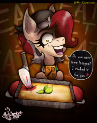Size: 3000x3800 | Tagged: safe, artist:mrcapriccio, oc, oc:ricotta tossica, earth pony, pony, abstract background, bust, clothes, collar, dialogue, female, food, high res, knife, lasagna, looking at you, mare, neckerchief, pasta, psycho, solo