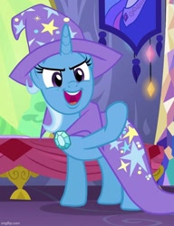 Size: 551x716 | Tagged: safe, screencap, trixie, pony, unicorn, g4, no second prances, season 6, brooch, cape, clothes, cropped, hat, jewelry, solo, trixie's brooch, trixie's cape, trixie's hat