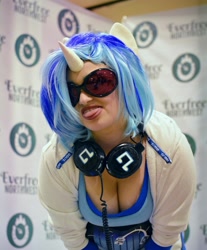 Size: 1070x1295 | Tagged: safe, artist:rosie girl cosplay, dj pon-3, vinyl scratch, human, g4, clothes, cosplay, costume, everfree northwest, everfree northwest 2017, headphones, irl, irl human, photo, solo, tongue out