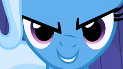 Size: 1280x720 | Tagged: safe, screencap, trixie, pony, unicorn, boast busters, g4, season 1, bust, evil smile, female, grin, looking at you, mare, smiling, smiling at you, solo