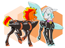 Size: 3598x2666 | Tagged: safe, artist:parrpitched, oc, oc only, oc:cold front, oc:fireheart(fire), bat pony, hybrid, pegabat, pegasus, pony, bell, bell collar, bound wings, clothes, collar, duo, duo male, fireheart76's latex suit design, gloves, high res, latex, latex gloves, latex suit, male, prisoners of the moon, simple background, transparent background, wing gloves, wings