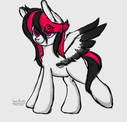 Size: 978x936 | Tagged: safe, artist:igorbanette, oc, oc only, pegasus, pony, colored wings, eye clipping through hair, full body, gray background, hooves, pegasus oc, signature, simple background, solo, spread wings, tail, two toned mane, two toned tail, wings