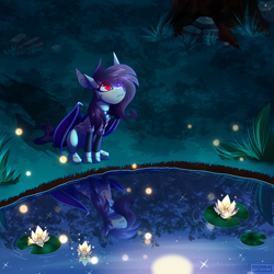 Size: 3000x3000 | Tagged: safe, artist:celes-969, oc, oc only, oc:angel songbird, bat pony, pony, full moon, high res, lilypad, moon, night, reflection, solo, water