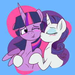 Size: 2750x2750 | Tagged: safe, artist:erynerikard, rarity, twilight sparkle, alicorn, pony, unicorn, g4, blushing, cheek kiss, digital art, duo, female, high res, hug, kissing, lesbian, mare, one ear down, ship:rarilight, shipping, simple background, twilight sparkle (alicorn)