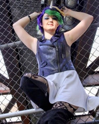 Size: 1080x1349 | Tagged: safe, artist:starfallcosplay, rarity, human, g4, alternate hairstyle, armpits, clothes, cosplay, costume, eyeshadow, irl, irl human, makeup, photo, punk, raripunk