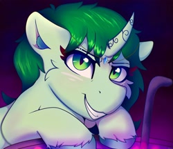 Size: 4050x3500 | Tagged: safe, artist:legionsunite, oc, oc only, pony, unicorn, cauldron, curved horn, evil smile, grin, horn, simple background, smiling, unshorn fetlocks