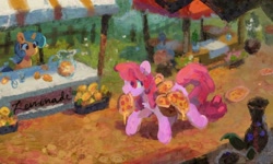 Size: 1680x1010 | Tagged: safe, artist:orchidpony, berry punch, berryshine, lemon hearts, earth pony, pony, unicorn, g4, carrying, context is for the weak, food, lemon, market, outdoors, pizza, scenery, stall, wat