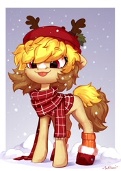 Size: 848x1200 | Tagged: safe, artist:sofiko-ko, oc, oc only, earth pony, pony, antlers, boots, clothes, scarf, shoes, smiling, snow, snowfall, socks, solo, tongue out