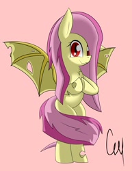 Size: 1664x2160 | Tagged: safe, fluttershy, bat pony, changeling, pony, g4, bat ponified, bipedal, chest fluff, flutterbat, race swap, scrunchy face, solo