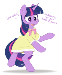 Size: 1400x1690 | Tagged: safe, artist:higgly-chan, twilight sparkle, pony, unicorn, sweet and elite, adorkable, bipedal, birthday dress, clothes, cute, dancing, do the sparkle, dork, dress, female, jerma985, mare, simple background, solo, twiabetes, unicorn twilight, white background, yoinky sploinky