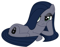 Size: 1006x794 | Tagged: safe, artist:reitanna-seishin, oc, oc only, oc:minkie pie, earth pony, pony, fanfic:muffins, annoyed, bags under eyes, fanfic art, female, lying down, mare, obsidian pie, simple background, solo, transparent background