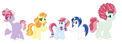 Size: 1280x463 | Tagged: safe, artist:minty-sprinkle, oc, oc only, earth pony, pegasus, pony, unicorn, base used, chubby, earth pony oc, female, half-siblings, horn, mare, offspring, parent:big macintosh, parent:fluttershy, parent:pinkie pie, parent:rainbow dash, parent:rarity, parent:twilight sparkle, parents:fluttermac, parents:pinkiemac, parents:rainbowmac, parents:rarimac, parents:twimac, pegasus oc, plump, simple background, transparent background, unicorn oc