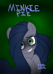 Size: 1024x1409 | Tagged: safe, artist:figg54, oc, oc only, oc:minkie pie, earth pony, pony, bags under eyes, cute, female, lying down, mare, no catchlights, obsidian pie, on back, smiling, solo, text