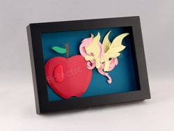 Size: 1277x960 | Tagged: safe, artist:elathera, fluttershy, bat pony, pony, g4, 2014, apple, bat ponified, flutterbat, food, giant apple, paper, race swap, shadowbox