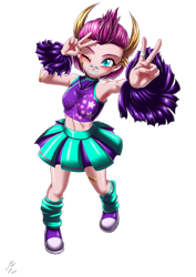Size: 1821x2574 | Tagged: safe, artist:mauroz, smolder, human, g4, bandaid, bandaid on nose, cheerleader, cheerleader outfit, cheerleader smolder, clothes, converse, cute, female, humanized, looking at you, one eye closed, peace sign, shoes, simple background, smolderbetes, sneakers, solo, transparent background, wink, winking at you