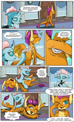 Size: 696x1148 | Tagged: safe, artist:candyclumsy, ocellus, smolder, changedling, changeling, dragon, g4, comic, dragoness, duo, feather, female, tickling