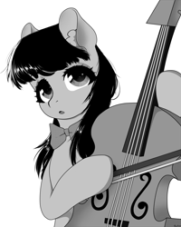 Size: 4000x5000 | Tagged: safe, artist:rise_of_evil_69, octavia melody, earth pony, pony, g4, background pony, black and white, bowtie, cello, cute, female, grayscale, looking at you, manga, mare, monochrome, musical instrument, open mouth, simple background, solo, white background, windswept mane