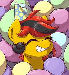 Size: 2332x2550 | Tagged: safe, artist:eisky, derpibooru exclusive, oc, oc only, oc:southern belle, earth pony, pony, balloon, hat, high res, party balloon, party hat, smiling, that pony sure does love balloons