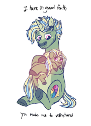 Size: 1028x1418 | Tagged: safe, artist:queenderpyturtle, oc, oc only, pony, unicorn, female, filly, foal, holding a pony, male, simple background, stallion, white background