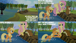 Size: 1280x720 | Tagged: safe, edit, edited screencap, editor:quoterific, screencap, applejack, fluttershy, earth pony, pegasus, pony, g4, keep calm and flutter on, season 3, apple, applejack's hat, cowboy hat, female, flying, food, hat, mare, open mouth, spread wings, tree, wings