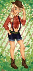 Size: 462x1000 | Tagged: safe, artist:akaruiyoso, applejack, human, g4, boots, clothes, cowboy boots, cowboy hat, denim shorts, female, hat, humanized, leaves, shoes, shorts, solo, suspenders