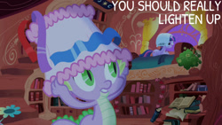 Size: 1280x720 | Tagged: safe, edit, edited screencap, editor:quoterific, screencap, spike, twilight sparkle, dragon, pony, unicorn, friendship is magic, g4, season 1, duo, female, golden oaks library, male, mare, night, pillow, pillow hat, pun, unicorn twilight