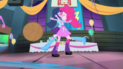 Size: 3410x1920 | Tagged: safe, screencap, pinkie pie, twilight sparkle, equestria girls, g4, my little pony equestria girls: rainbow rocks, shake your tail, balloon, basket, basketball, boots, clothes, collision, cutie mark on clothes, duo, duo female, eyes closed, female, high res, shoes, sports