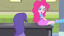 Size: 3410x1920 | Tagged: safe, screencap, pinkie pie, rarity, equestria girls, g4, my little pony equestria girls: rainbow rocks, player piano, boots, cute, diapinkes, duo, female, hallway, high res, lockers, musical instrument, open mouth, open smile, piano, shoes, smiling