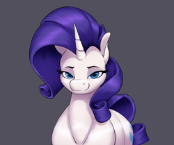 Size: 2697x2260 | Tagged: safe, artist:aquaticvibes, rarity, pony, unicorn, g4, bend over, ear fluff, female, gray background, high res, lidded eyes, looking at you, mare, simple background, smiling, smirk, solo