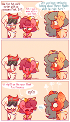 Size: 448x780 | Tagged: safe, artist:sockiepuppetry, hitch trailblazer, pipp petals, zipp storm, earth pony, pegasus, pony, g5, my little pony: a new generation, 3 panel comic, annoyed, blushing, blushing profusely, brothers, chest fluff, comic, dialogue, embarrassed, eyes closed, female, harness pathfinder, hat, lidded eyes, looking at each other, looking at someone, male, mare, open mouth, open smile, pip corolla, royal brothers (g5), rule 63, siblings, smiling, speech bubble, stallion, sunglasses, sunglasses on head, zip cyclone