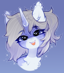 Size: 874x990 | Tagged: safe, artist:astralblues, oc, oc only, oc:silver star, pony, unicorn, blue background, bust, chest fluff, coat markings, colored ears, ear fluff, ear tufts, facial markings, horn, looking at you, open mouth, pale belly, portrait, simple background, snip (coat marking), solo, sparkles, starry eyes, wingding eyes
