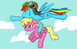 Size: 1392x886 | Tagged: safe, artist:reconprobe, cherry berry, rainbow dash, earth pony, pegasus, pony, g4, aviator hat, carrying, duo, flying, hat