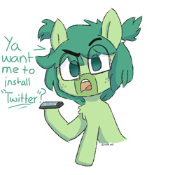 Size: 768x768 | Tagged: safe, artist:cherro, oc, oc only, oc:mouthpiece, pony, cellphone, dialogue, looking at you, mouthpiece, phone, smartphone, solo