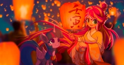 Size: 1920x1013 | Tagged: safe, artist:tinybenz, sunset shimmer, twilight sparkle, alicorn, human, pony, equestria girls, g4, chinese new year, clothes, duo, fiery shimmer, lantern, paper lantern, scarf, twilight sparkle (alicorn)