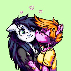 Size: 300x300 | Tagged: safe, artist:porcelanowyokular, oc, oc only, earth pony, anthro, blushing, bust, cheek kiss, choker, clothes, earth pony oc, female, glasses, green background, heart, kissing, lesbian, oc x oc, one eye closed, shipping, simple background, wink