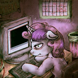 Size: 560x560 | Tagged: safe, artist:porcelanowyokular, sweetie belle, pony, unicorn, g4, computer, female, filly, foal, frown, indoors, solo