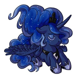 Size: 1280x1280 | Tagged: safe, artist:porcelaineyepie, artist:porcelanowyokular, princess luna, alicorn, pony, g4, ethereal mane, eyes closed, female, hoof shoes, horn, mare, peytral, simple background, starry mane, white background, wings