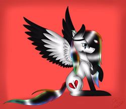 Size: 2633x2277 | Tagged: safe, artist:maneblue, oc, oc only, pegasus, pony, colored wings, heartbreak, high res, pegasus oc, raised hoof, red background, simple background, sitting, solo, two toned wings, wings