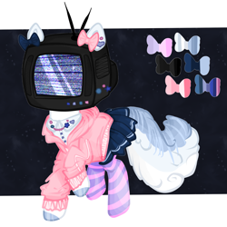 Size: 2449x2449 | Tagged: safe, artist:ponsel, oc, oc only, earth pony, pony, aesthetics, bow, clothes, dreamcore, earth pony oc, hair bow, high res, skirt, socks, solo, stockings, striped socks, television, thigh highs, weirdcore