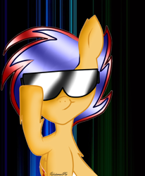 Size: 660x802 | Tagged: safe, artist:yulianapie26, oc, oc only, pegasus, pony, abstract background, pegasus oc, smiling, smirk, solo, sunglasses, wings