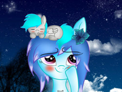 Size: 880x660 | Tagged: safe, artist:yulianapie26, oc, oc only, earth pony, pegasus, pony, blushing, cloud, duo, earth pony oc, flower, flower in hair, night, pegasus oc, ponies riding ponies, riding, sleeping, stars, wings