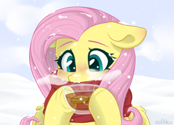 Size: 2778x1996 | Tagged: safe, artist:ev04ka, artist:ev04kaa, fluttershy, pegasus, pony, rcf community, g4, blushing, breath, clothes, cup, cute, female, floppy ears, food, mare, scarf, shyabetes, snow, snowfall, solo, tea