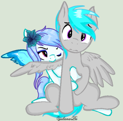 Size: 538x530 | Tagged: safe, artist:yulianapie26, oc, oc only, pegasus, pony, biting, duo, female, flower, flower in hair, gray background, male, mare, one eye closed, pegasus oc, simple background, stallion, wing bite, wings, wink