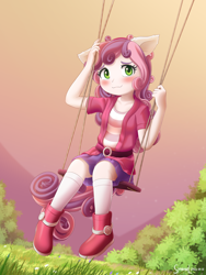 Size: 1800x2400 | Tagged: safe, artist:symbianl, sweetie belle, anthro, equestria girls, g4, :3, belt, boots, clothes, cute, diasweetes, pony ears, shoes, skirt, solo, swing, tail