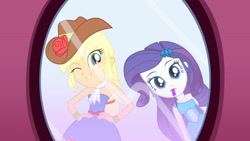 Size: 3410x1920 | Tagged: safe, screencap, applejack, rarity, equestria girls, g4, make up shake up, my little pony equestria girls: summertime shorts, bare shoulders, cowboy hat, cute, duo, duo female, fall formal outfits, female, hairpin, hand on hip, hat, high res, jackabetes, mirror, mouth hold, one eye closed, reflection, sleeveless, smiling, strapless, wink