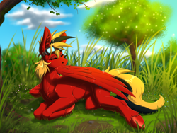 Size: 2000x1500 | Tagged: safe, artist:twotail813, oc, oc only, oc:twotail, pegasus, pony, eyes closed, female, goggles, grass, grooming, mare, pegasus oc, preening, solo, tree, wings