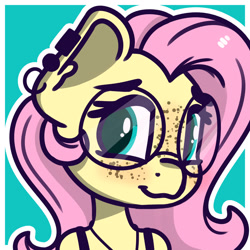 Size: 1280x1280 | Tagged: safe, artist:charleyhorsey, fluttershy, anthro, g4, blushing, cute, ear piercing, female, freckles, freckleshy, glasses, looking at you, meganekko, outline, piercing, round glasses, shyabetes, solo, three quarter view, white outline