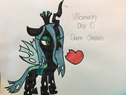 Size: 900x675 | Tagged: safe, artist:tigeressbird324, queen chrysalis, changeling, changeling queen, g4, crown, eating, female, heart, jewelry, mare, regalia, solo, traditional art